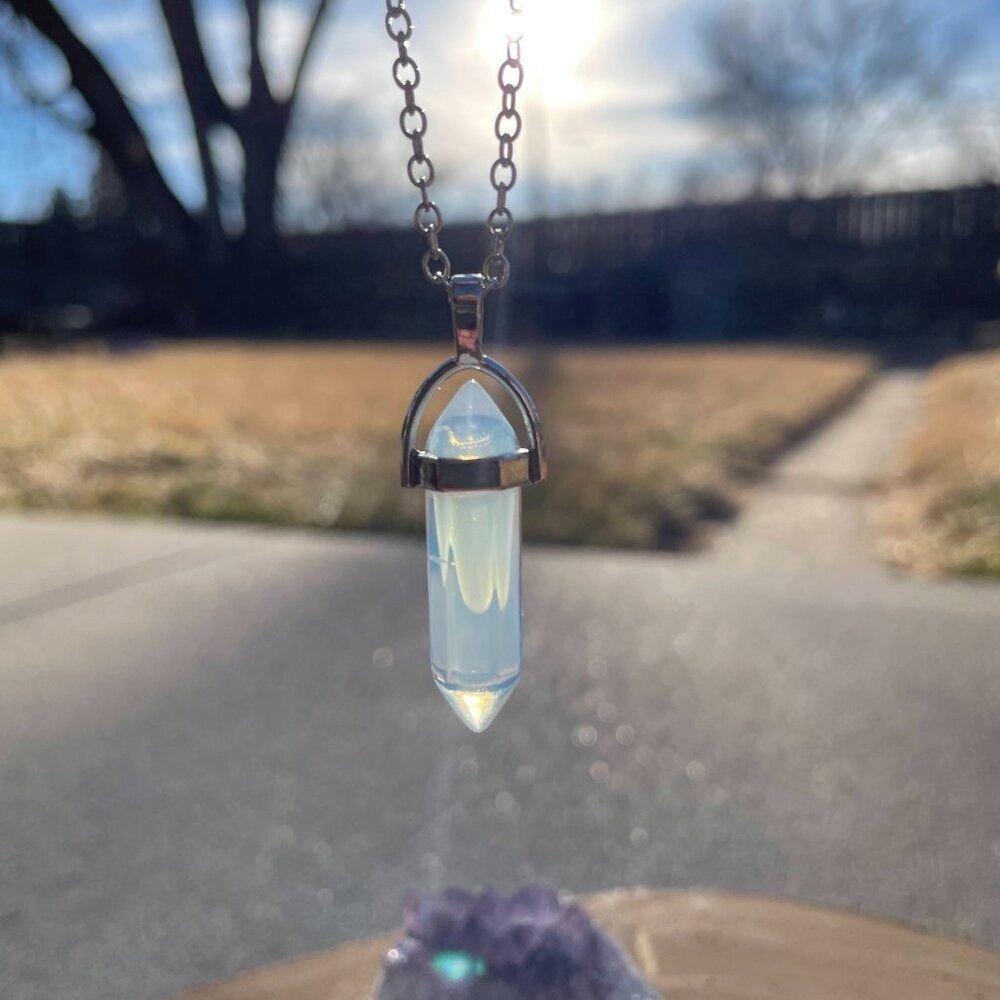 Opalescent divination crystal Pendant metal chain Scrying necklace wicca magic